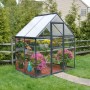 Graues Palram Canopia Gewächshaus 2,3 m² mit Pflanzen und Fundamentrahmen im Garten.