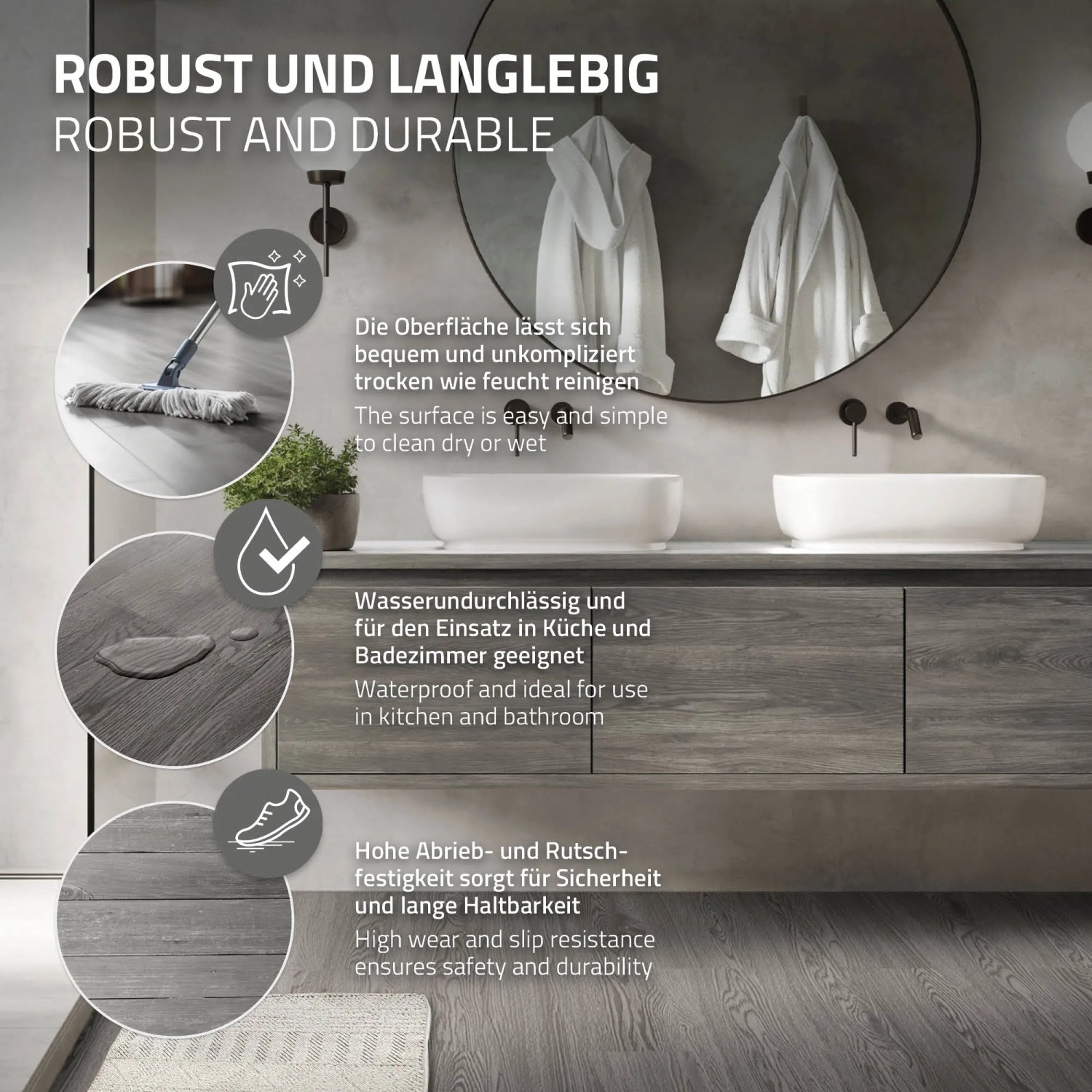 ML-Design Vinylboden Eiche Grau, selbstklebend, im Badezimmer verlegt.