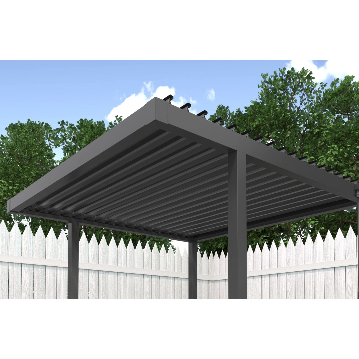 Anthrazitfarbene BBQ Pergola 2,5x2,5m mit verstellbarem Lamellendach im Garten. Stabile Stahlkonstruktion für Sonnenschutz.