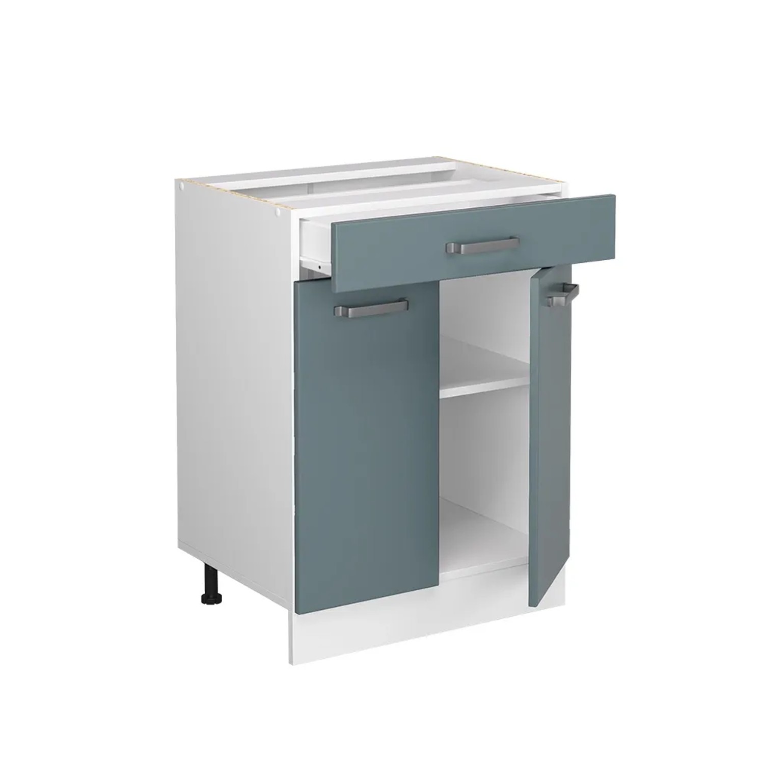 Vicco Küchenunterschrank R-Line, 60 cm, blau-graue Front, Schublade, anthrazitfarbene Arbeitsplatte.