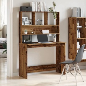 Schreibtisch mit integriertem Regal in Altholz-Optik aus Holzwerkstoff. Bietet Ablagen für Büro und Deko.