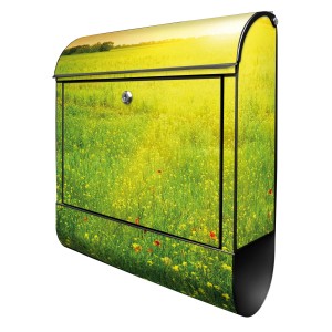 Banjado Design Briefkasten mit Blumenwiese Motiv, schwarz pulverbeschichtet, mit Zeitungsfach.