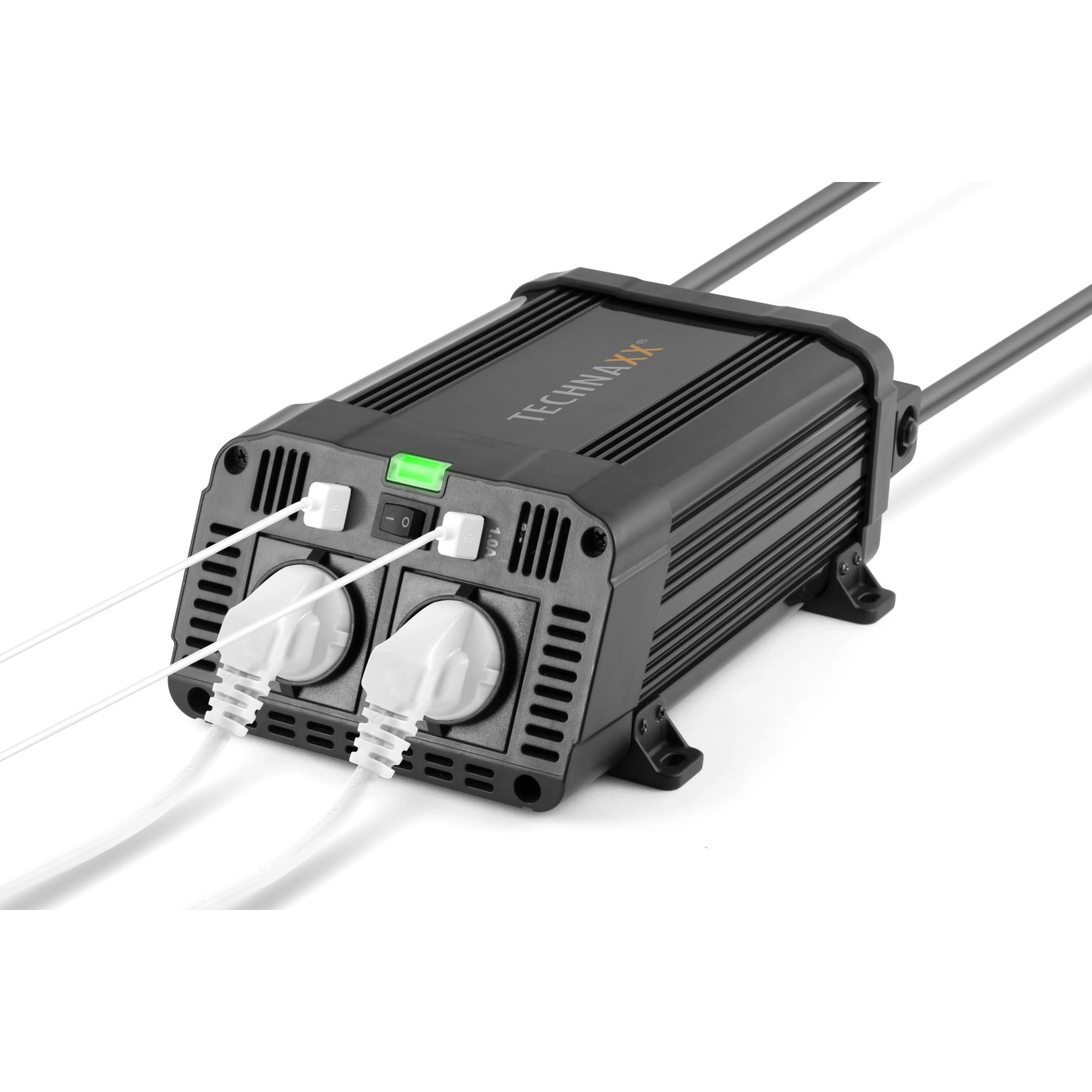 Schwarzer Technaxx Wechselrichter 1200W TE16 mit 2 Steckdosen und USB-Anschlüssen.