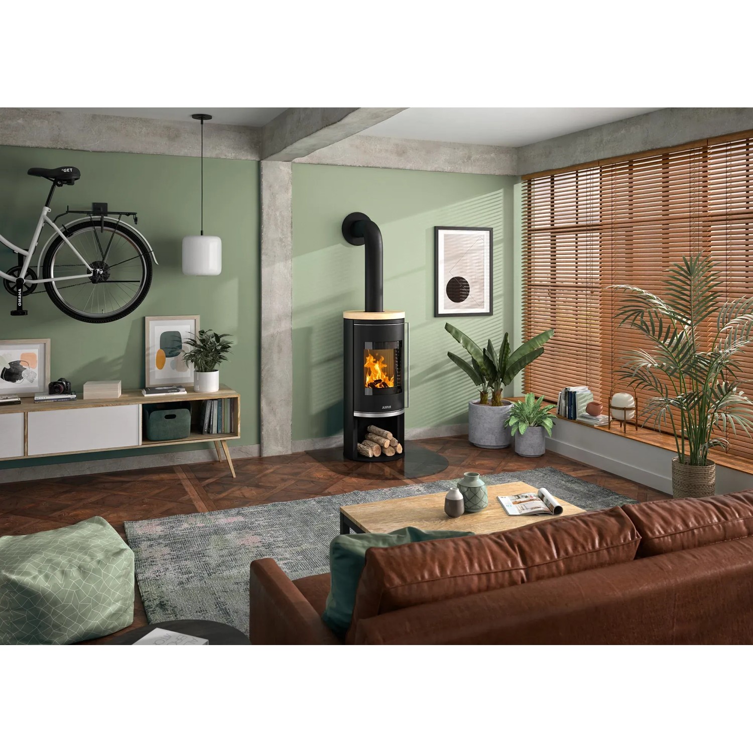 Justus Kaminofen Faro 2.0, Stahl schwarz/Sandstein beige, 6 kW im Wohnraum mit Holzscheiten.