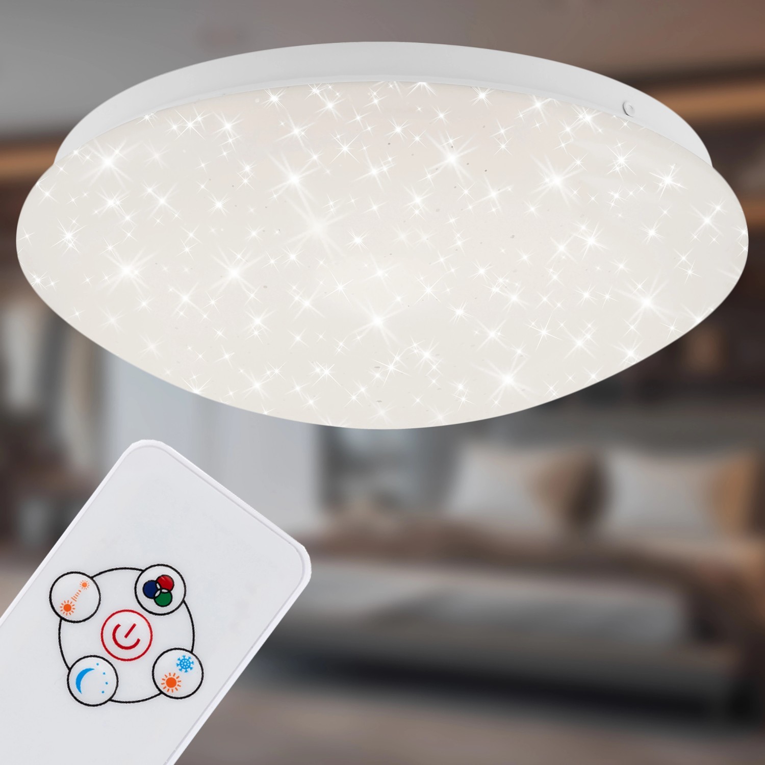 Dimmbare LED Deckenleuchte Moon mit RGB+W und Fernbedienung, 26 cm, weiß.