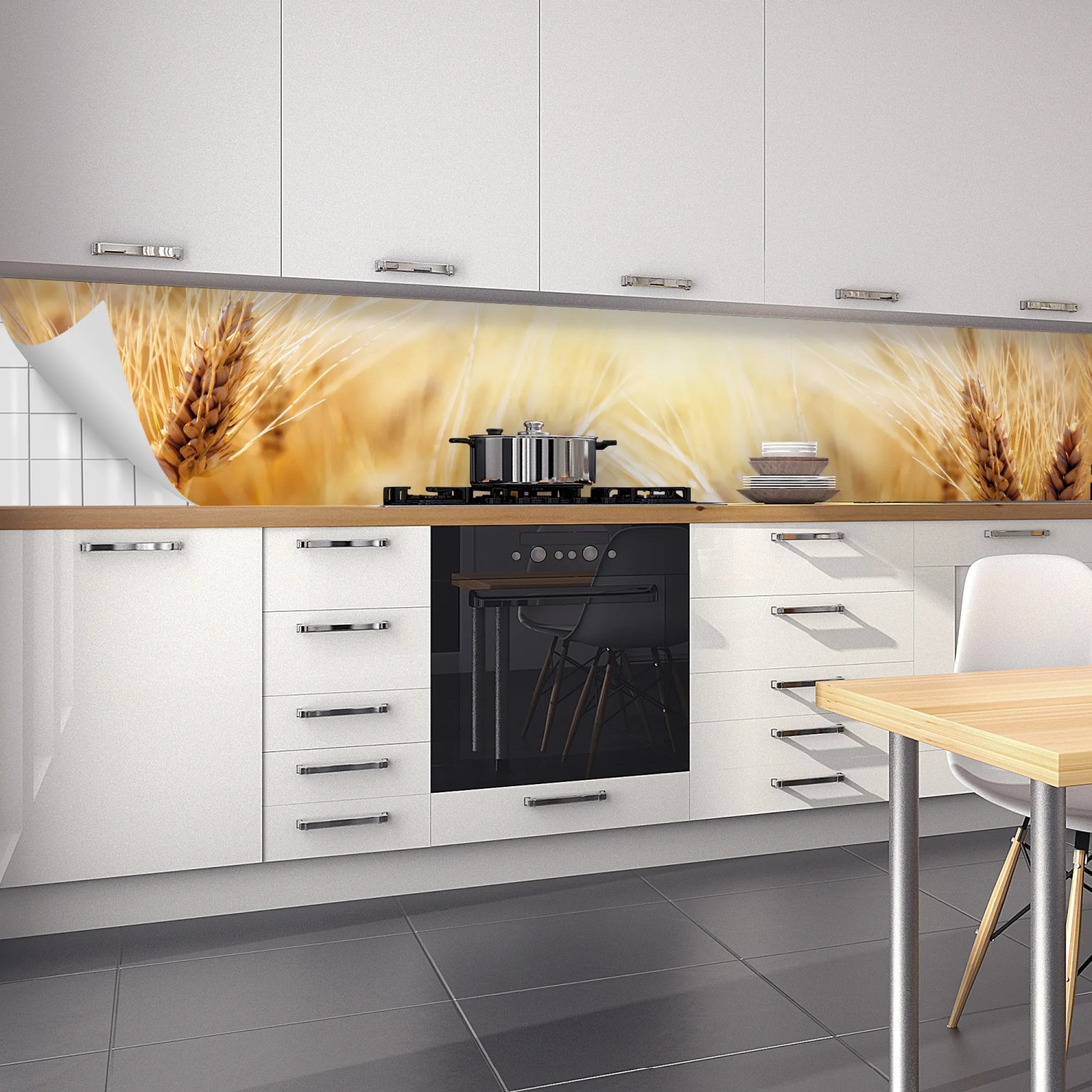 Küchenrückwandfolie Myspotti Korn, selbstklebend, 450x60 cm, als Spritzschutz in weißer Küche.
