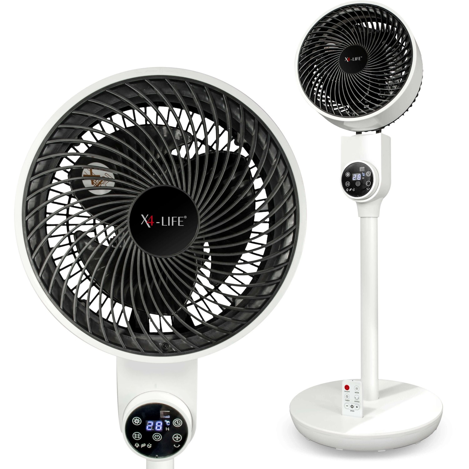 Weißer Vornado X4-Life Pinguin DX Standventilator mit Fernbedienung und digitalem Display.