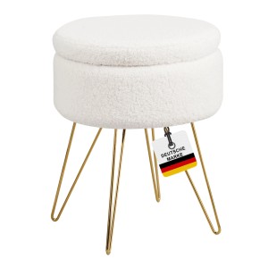 Weißer Albatros Hocker CANNES mit Sherpa Bezug und goldenen Beinen.