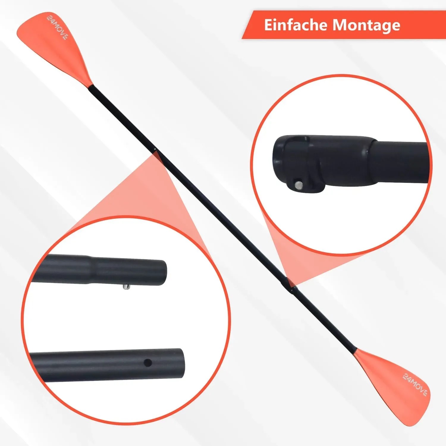 24MOVE 2in1 Paddel, rot, für SUP & Kajak, 230cm Aluminium Doppelpaddel mit Klick-System.