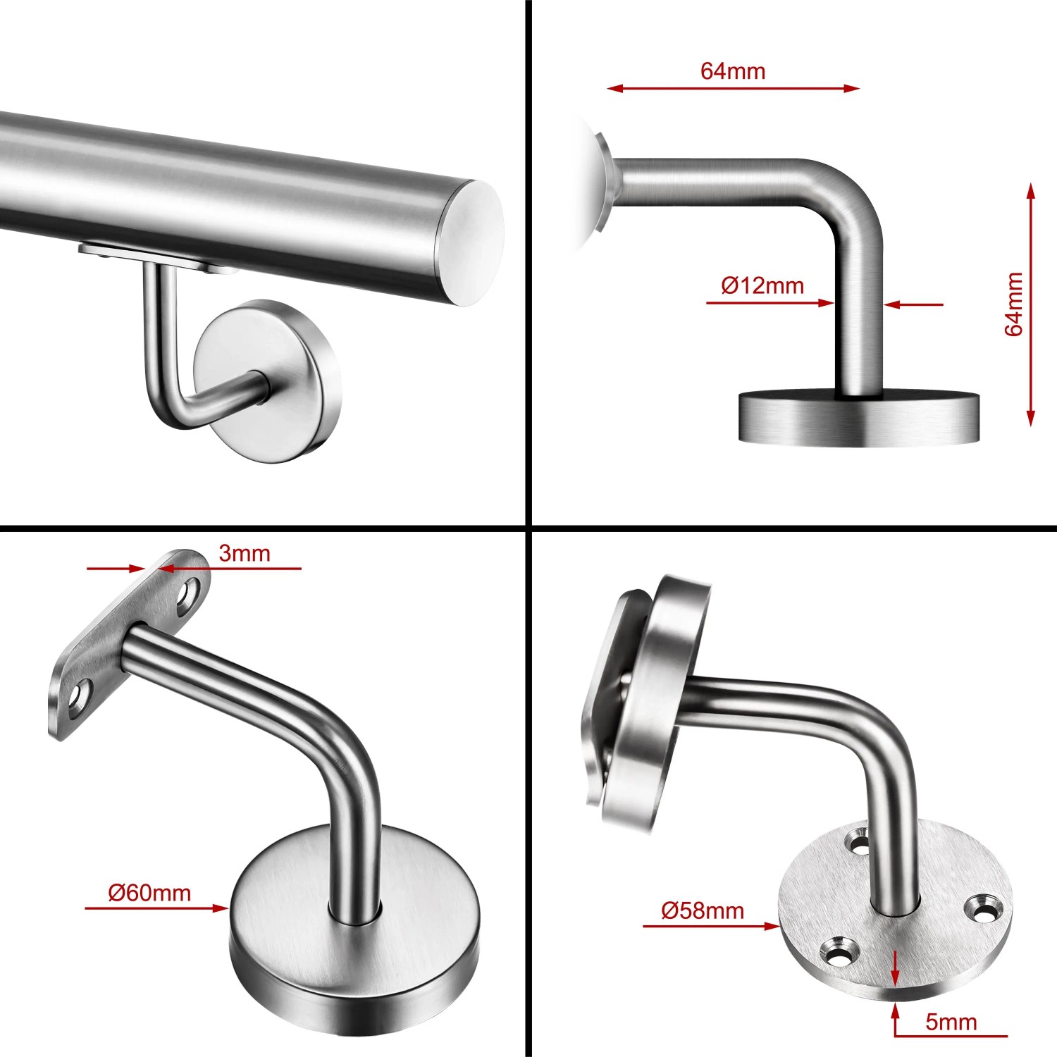 AICA Handlauf Komplettset Edelstahl, 100 cm, Silber, Details zu Halterungen und Maßen.