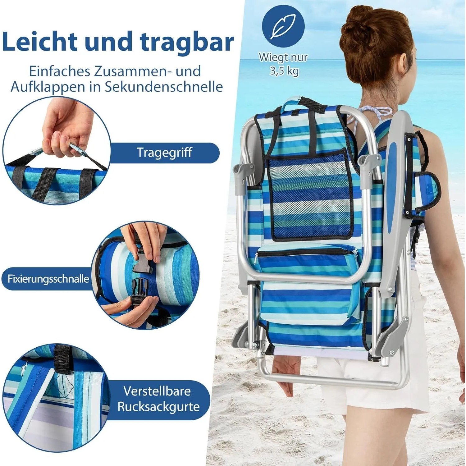 Person trägt gefalteten blau-weiß gestreiften Costway Strandstuhl mit Kühltasche & Rucksackgurten.