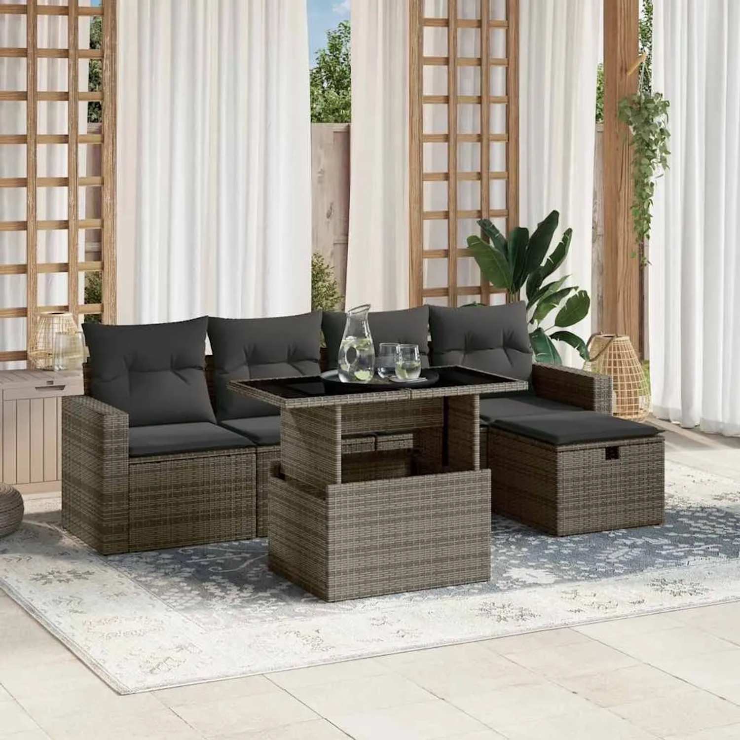 Graue 6-tlg. vidaXL Garten-Sofagarnitur aus Polyrattan mit Kissen. Gartenmöbel-Set mit Tisch, Sofas und Hocker.