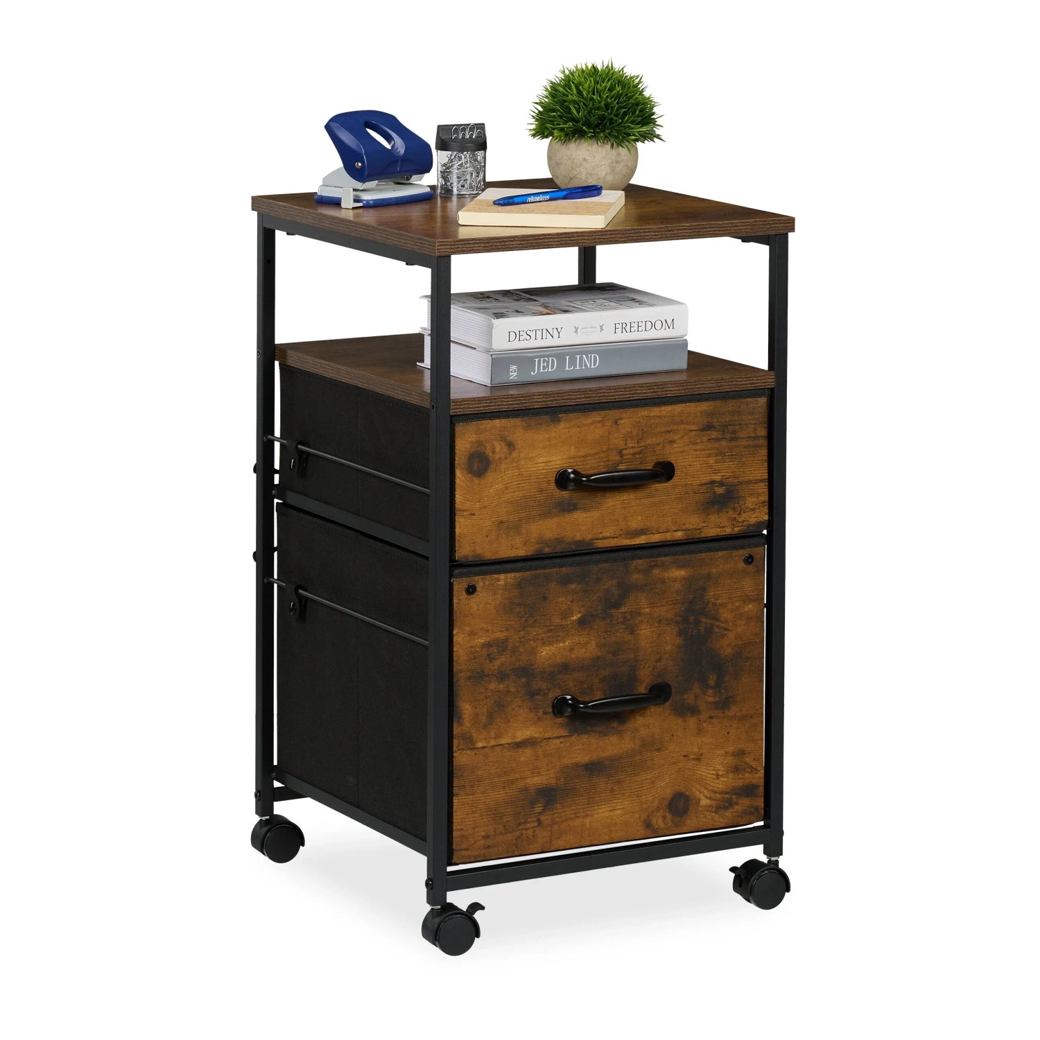 Relaxdays Rollcontainer MDF Stahl Braun Schwarz mit Hängeregister und Rollen 68 cm x 40 cm x 40 cm 7 kg