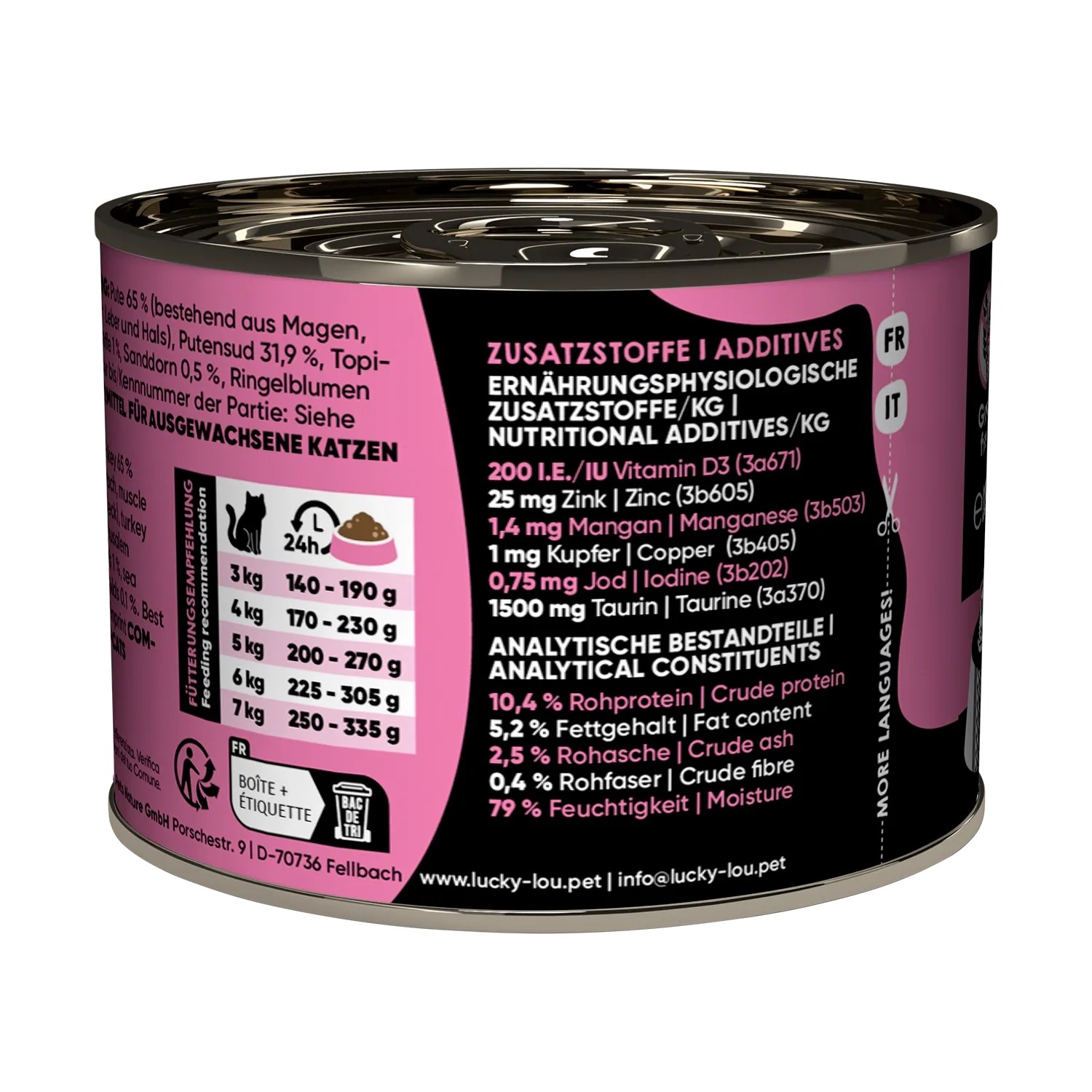 Lucky Lou Katzen-Nassfutter Pute, 200g Dose. Alleinfutter mit Monoprotein für sensible Katzen.