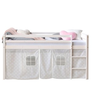Weißes Homestyle4u Hochbett 90x200 mit Sternen-Vorhang und Leiter. Sicheres Kinderbett für Spiel und Schlaf.