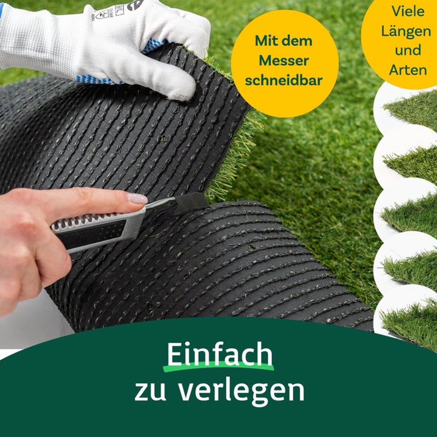 Zuschneiden des Karat Kunstrasen Cambridge mit Messer. Wetterfest, UV-beständig und einfach zu verlegen.