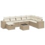Beige 9-teilige Garten-Sofagarnitur aus Polyrattan mit Kissen. Gartenmöbel-Set mit Tisch und Hockern.
