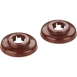 Zwei dunkle Klapprosetten (Ø 18 mm) aus Kunststoff zur Abdeckung von Ausbrüchen an Armaturen.