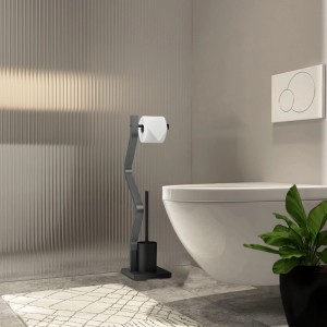 Freistehende Relaxdays WC-Garnitur mit Toilettenpapierhalter und WC-Bürste in Schwarz und Grau.
