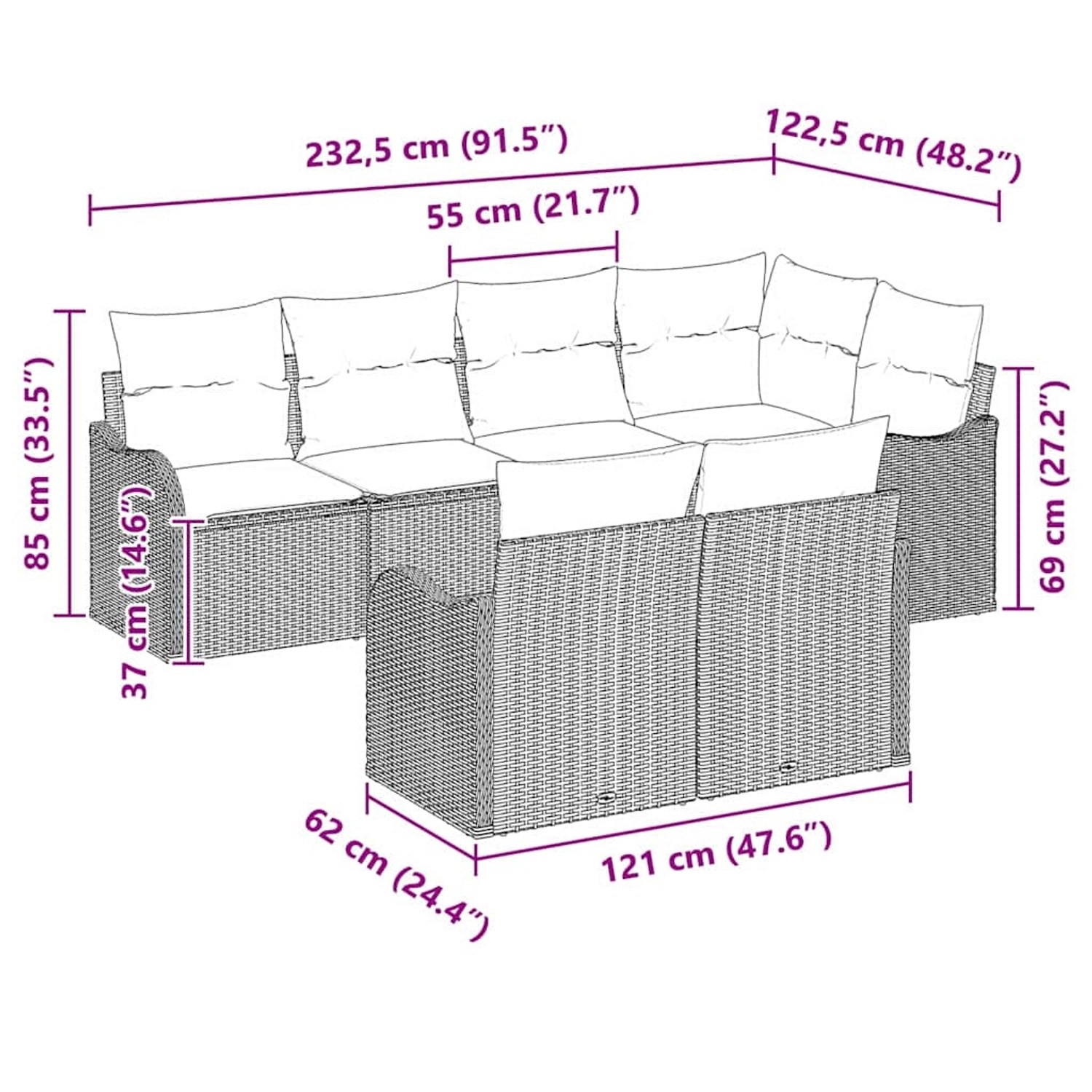Graues 7-teiliges Garten-Sofa-Set aus Polyrattan mit Kissen, vidaXL. Gartenmöbel für Terrasse und Garten.
