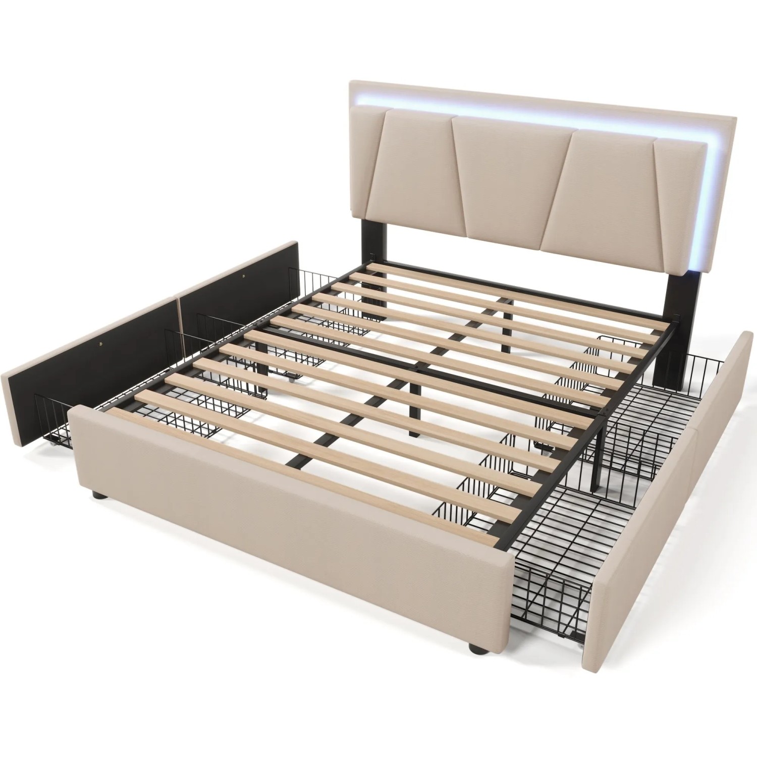 Merax Polsterbett 160x200cm LED 4 Schubladen Beige