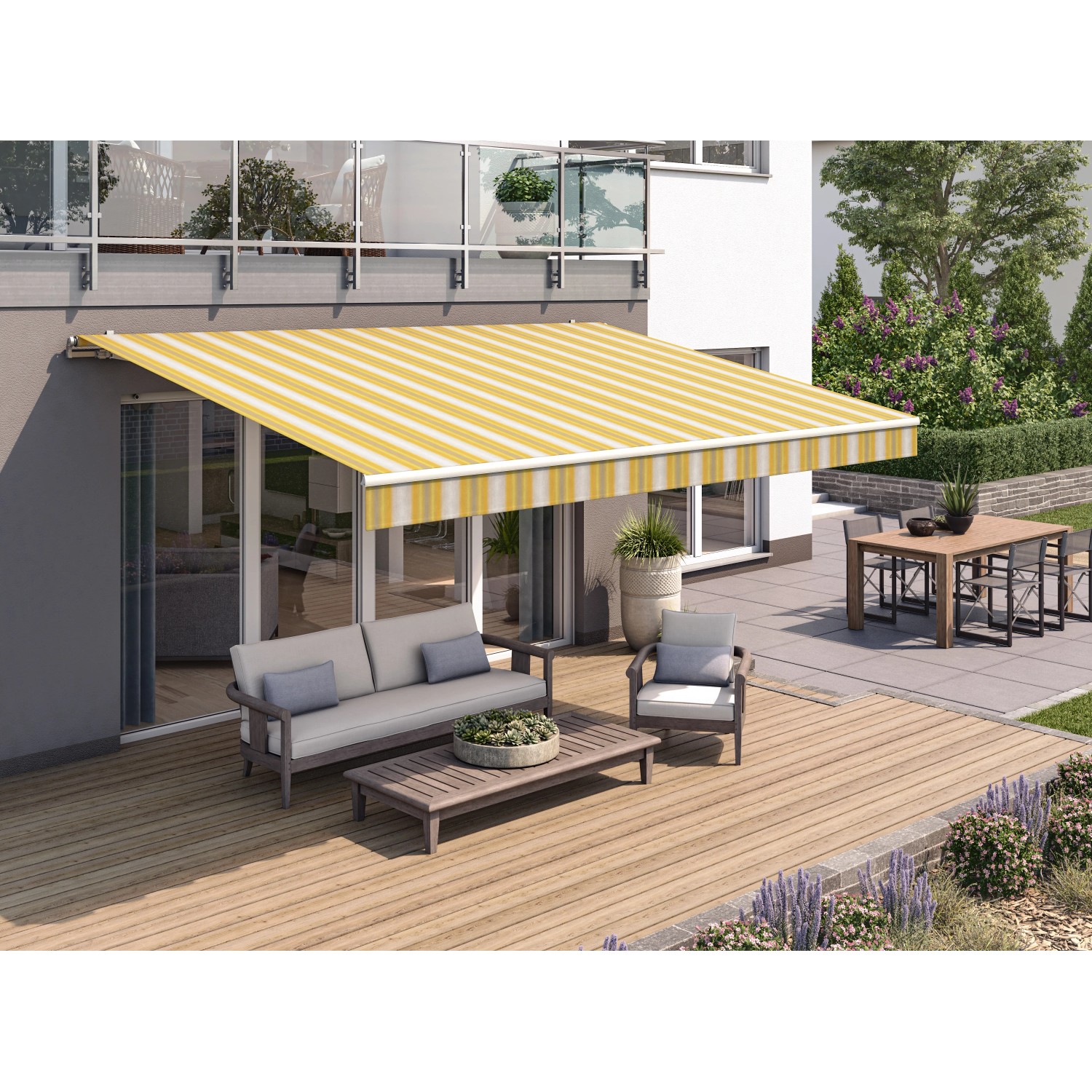 Wismar Gelenkarmmarkise Classic, 300x200 cm, gelb-weiß-grau, spendet Schatten auf Terrasse mit Gartenmöbeln.