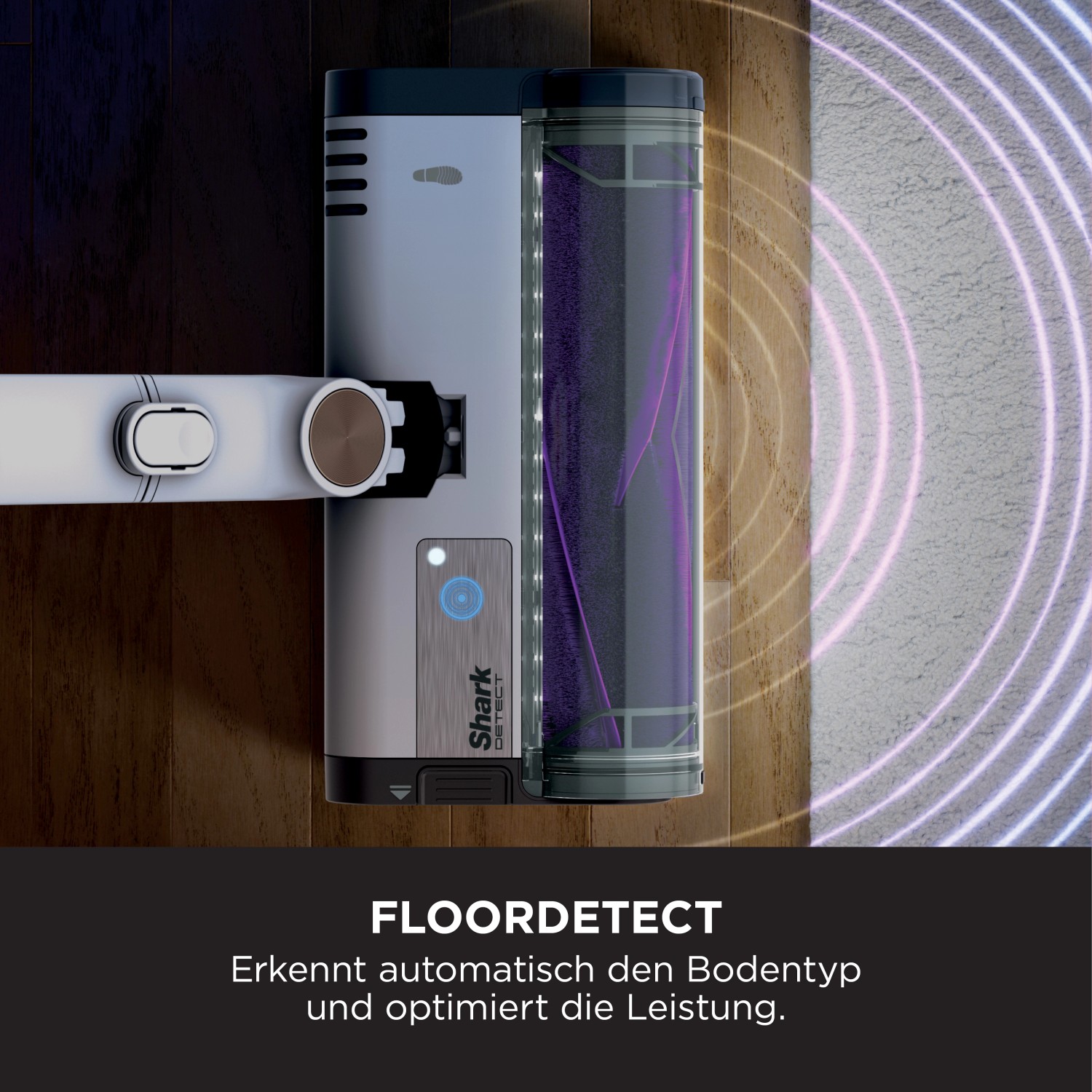 Shark Detect Clean Staubsauger mit Floor Detect Technologie zur automatischen Bodenanpassung.