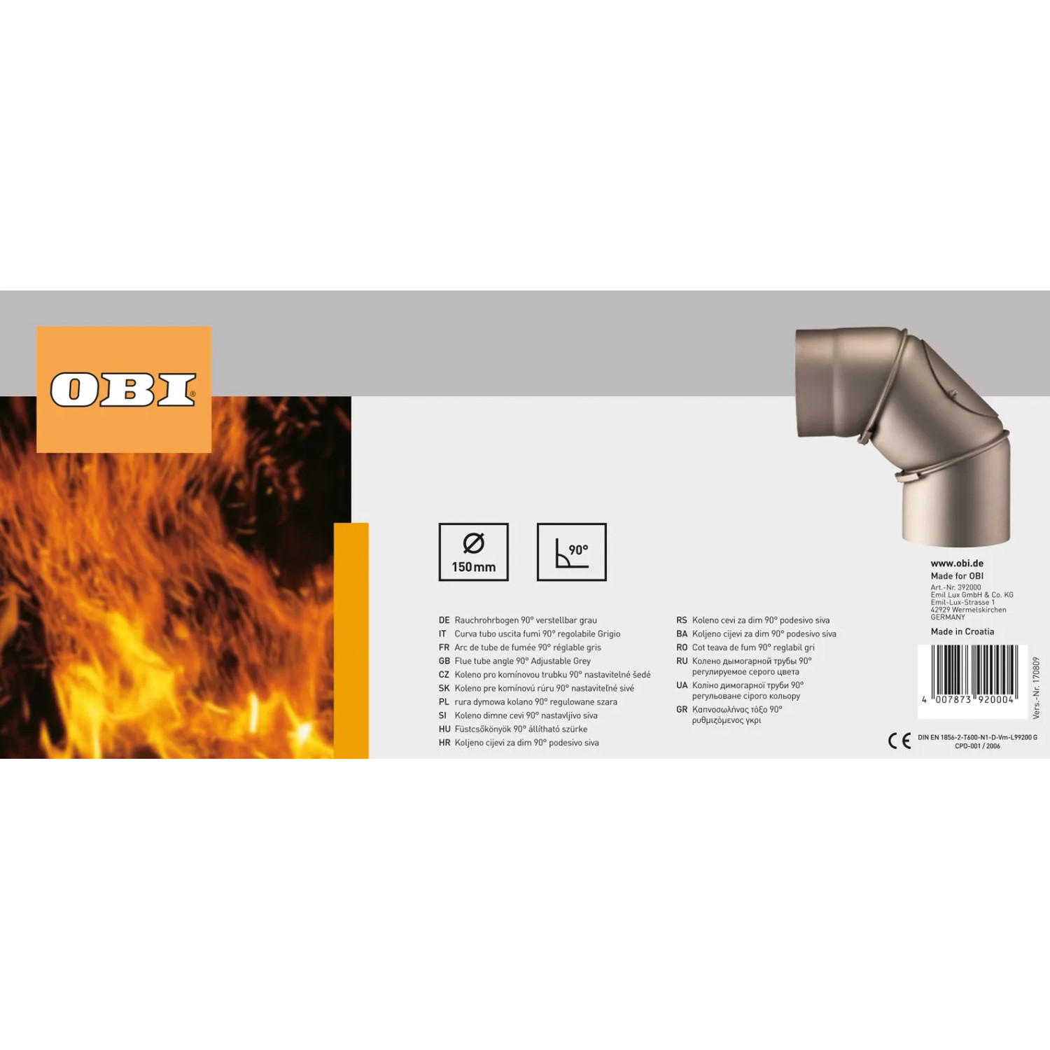 OBI Rauchrohrbogen 90° grau, Ø 150 mm, verstellbarer Winkel für Kamin & Ofen.