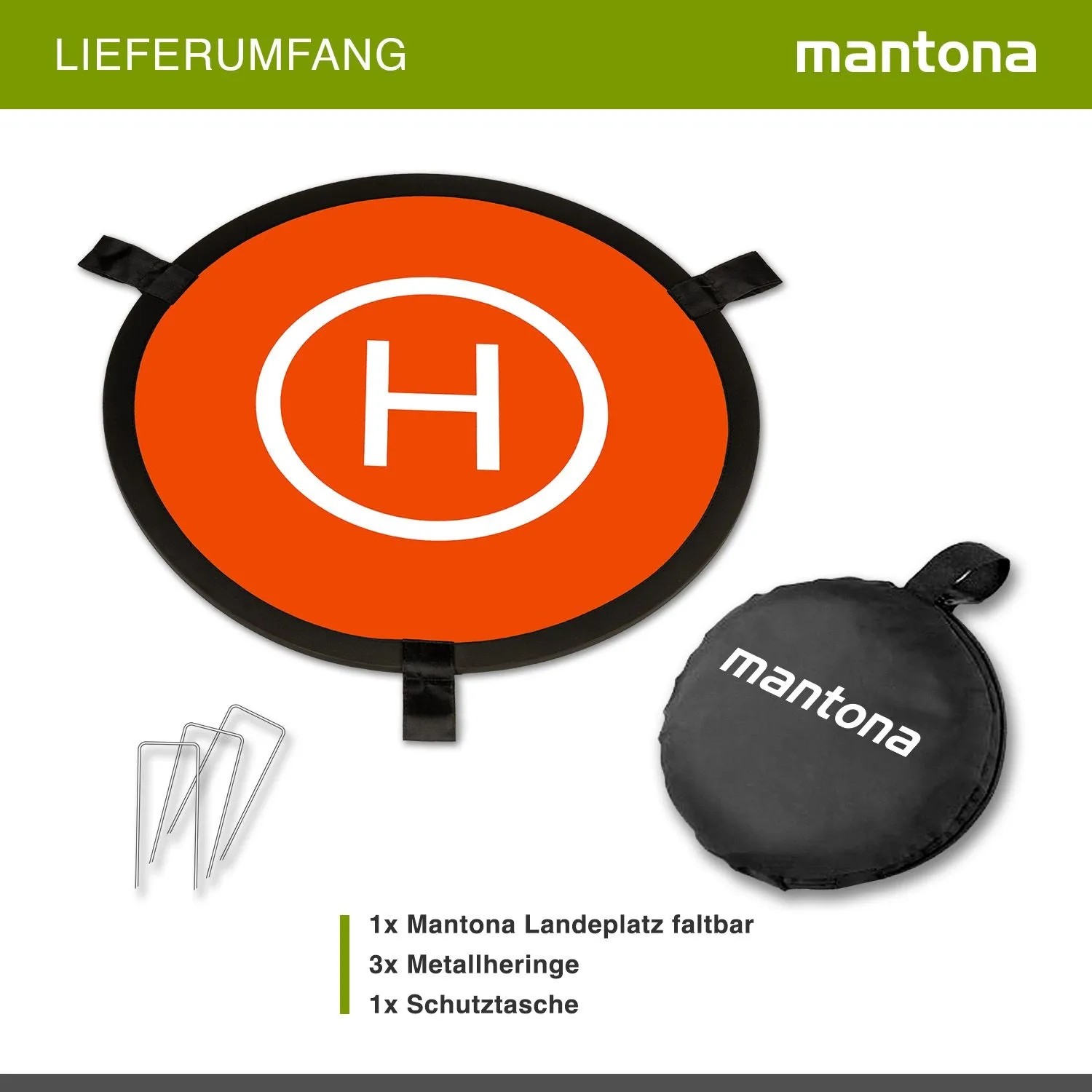 Mantona Drohnen-Landeplatz, orange, faltbar, Ø75cm, mit weißem H-Symbol, 3 Metallheringen und schwarzer Tragetasche.