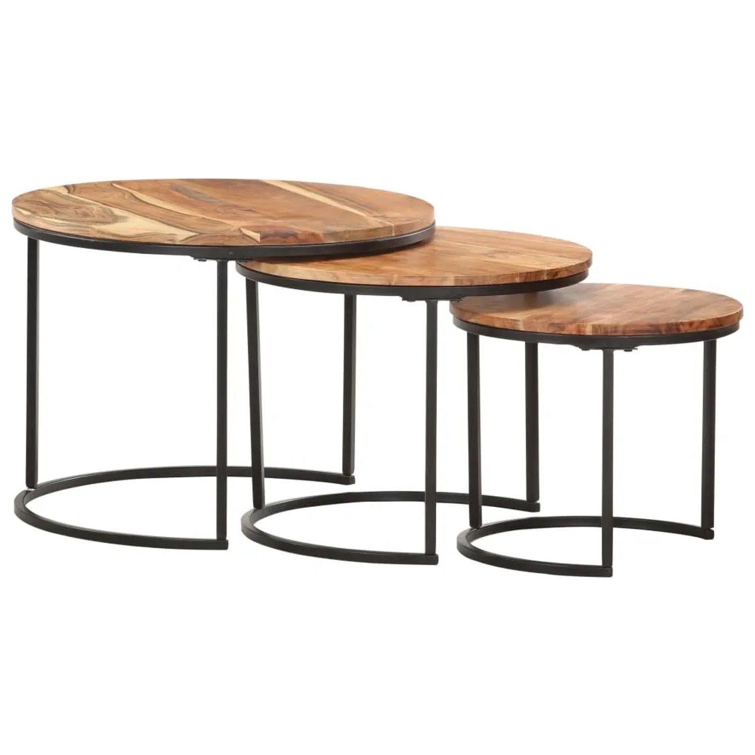 vidaXL Satztische, 3 Stk., Akazie Massivholz, runde Tischplatten, schwarze Metallgestelle.