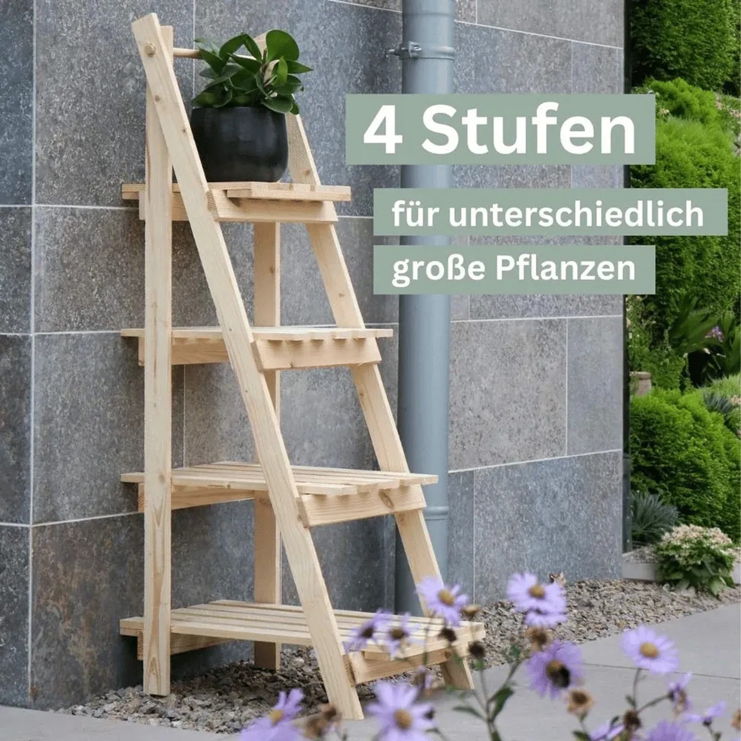 DELUKE Blumenleiter Holz TIMMI 4 Stufen für Blumentöpfe Pflanzentreppe Blumentreppe Tannenholz Leiterregal Pflanzen In Outdoor_3