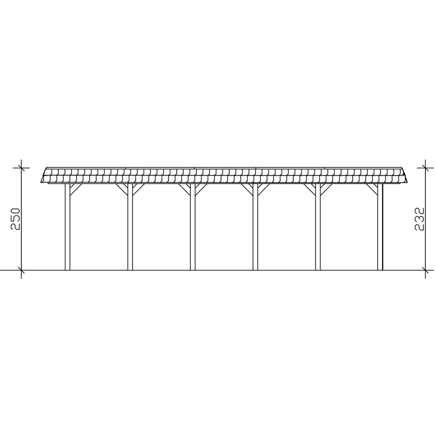 Technische Zeichnung: Skan Holz Carport Spreewald, Doppelcarport mit Maßen.