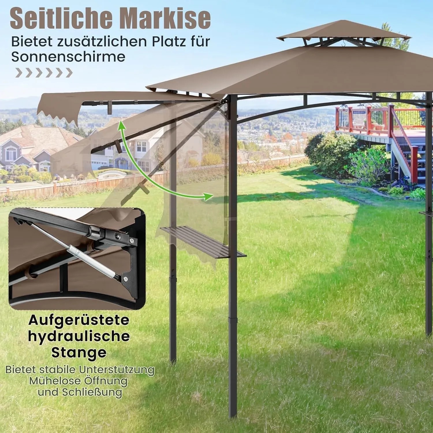 Costway Grillpavillon mit Seitenmarkise Doppeldach 318x153x250 cm Braun_4