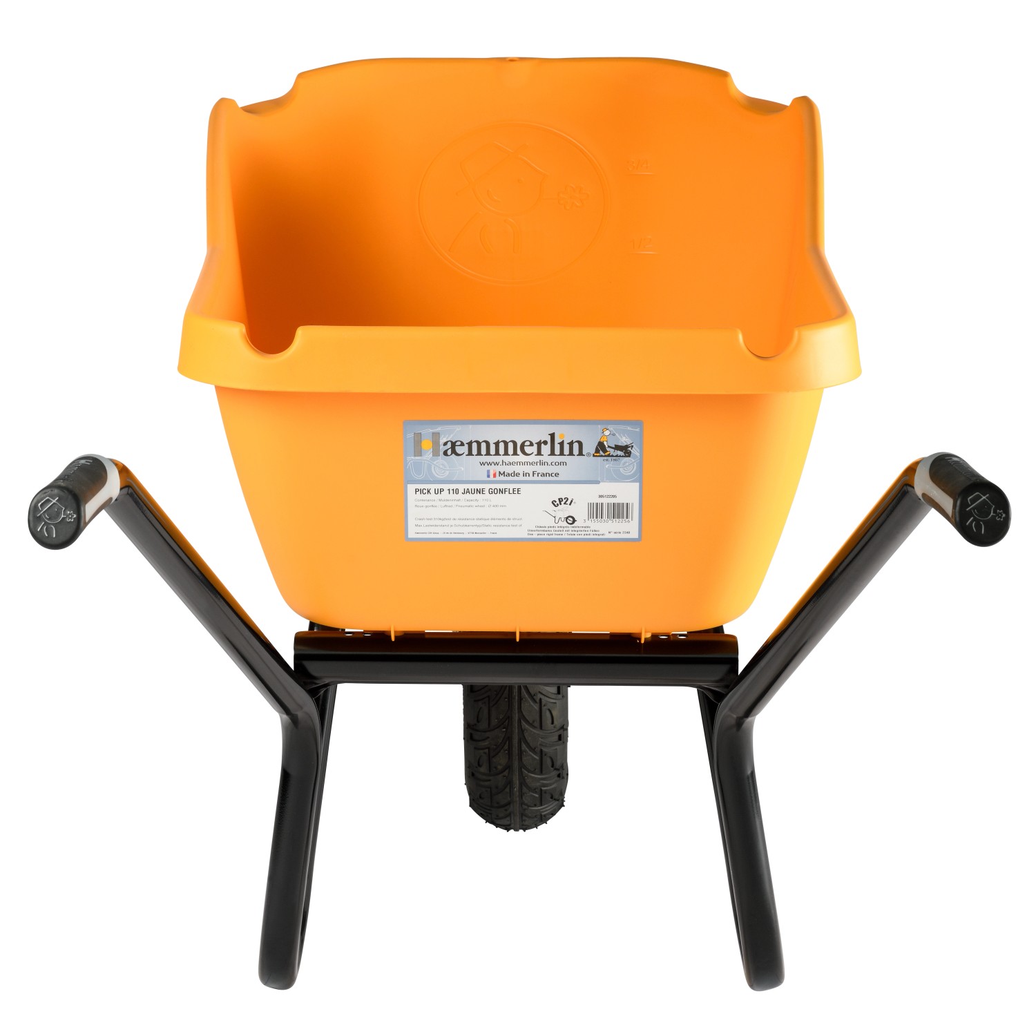 Haemmerlin Schubkarre Pick Up, 110 l, gelbe Kunststoffmulde, Luftrad. Ideal für Bau und Garten.