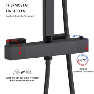 Duschspa Duschsystem Thermostat Regendusche Edelstahl Kopfbrause quadratisch Schwarz