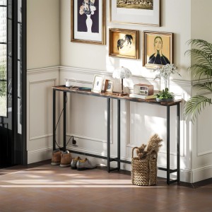 Schmaler Konsolentisch im Industrial Design, rustikal braune Spanplatte mit schwarzem Stahlgestell. Wohnzimmertisch mit Steckdosen.