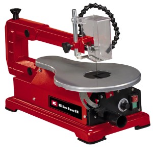 Einhell TC-SS 406 E Dekupiersäge in Rot und Silber mit Arbeitstisch und Sägeblattschutz.