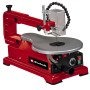 Einhell TC-SS 406 E Dekupiersäge in Rot und Silber mit Arbeitstisch und Sägeblattschutz.