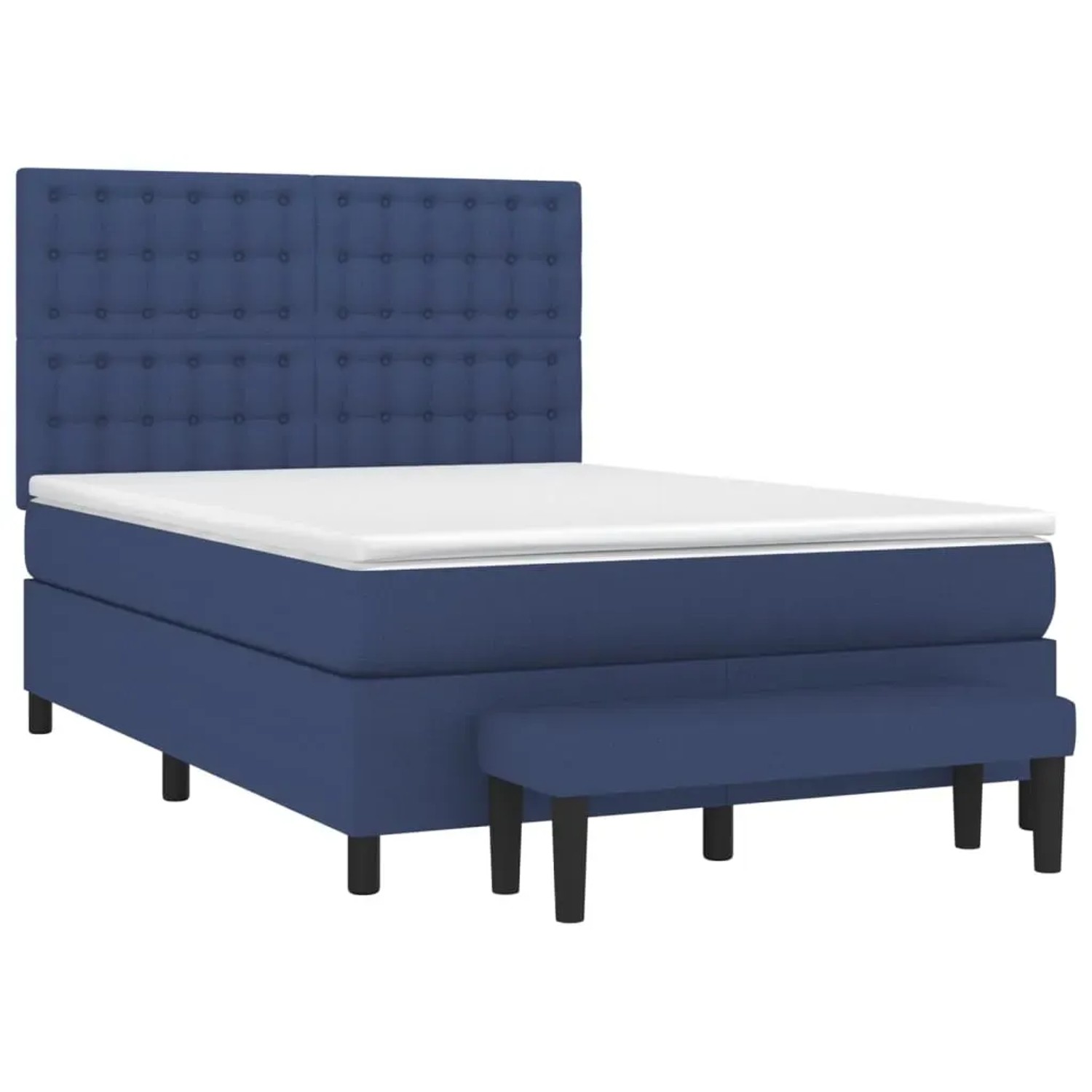 Blaues Boxspringbett (140x200 cm) mit Matratze, Kopfteil und Bank. Stoffbezug.