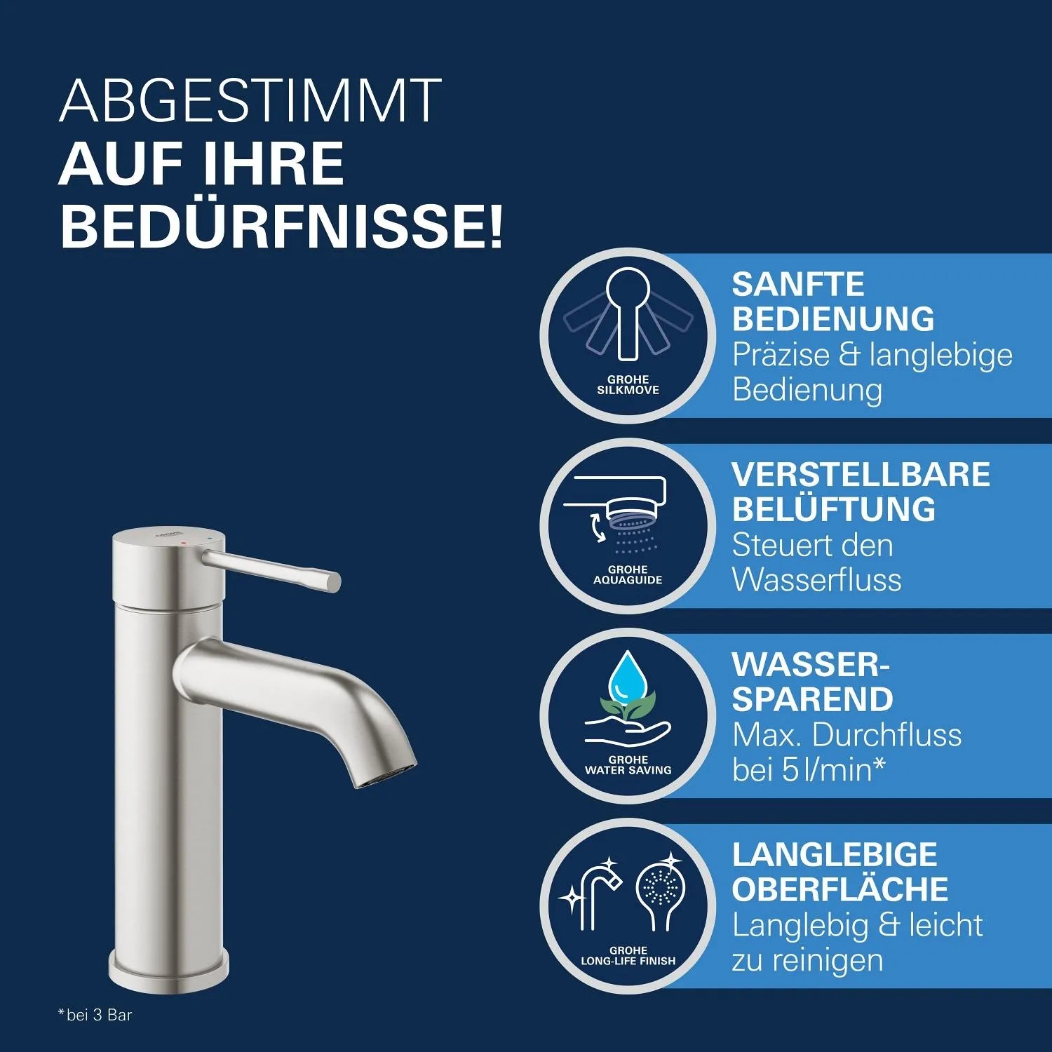 Grohe Essence Waschtischarmatur in Supersteel: Einhandmischer für Waschbecken mit zylindrischem Design.