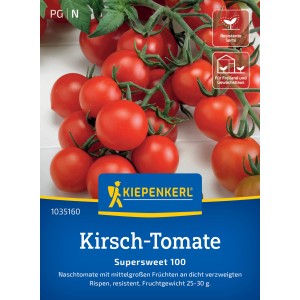 Kiepenkerl Cherry-Tomate Supersweet 100 F1-Hybride mit roten, runden Früchten an Rispen.