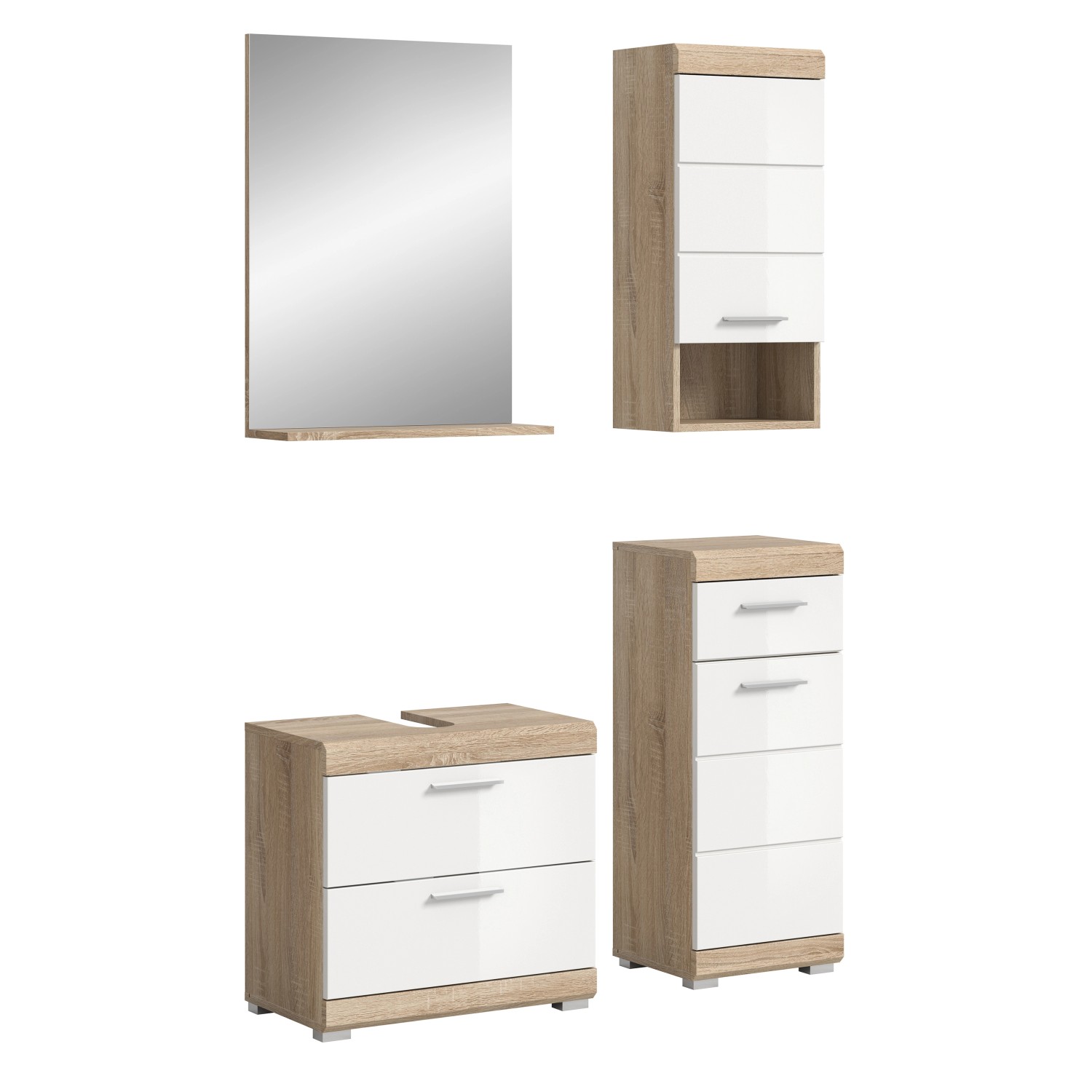 Badkombi Lambada m. Waschbeckenunterschrank 2-türig Eiche/Weiß Hochglanz 4-tlg.