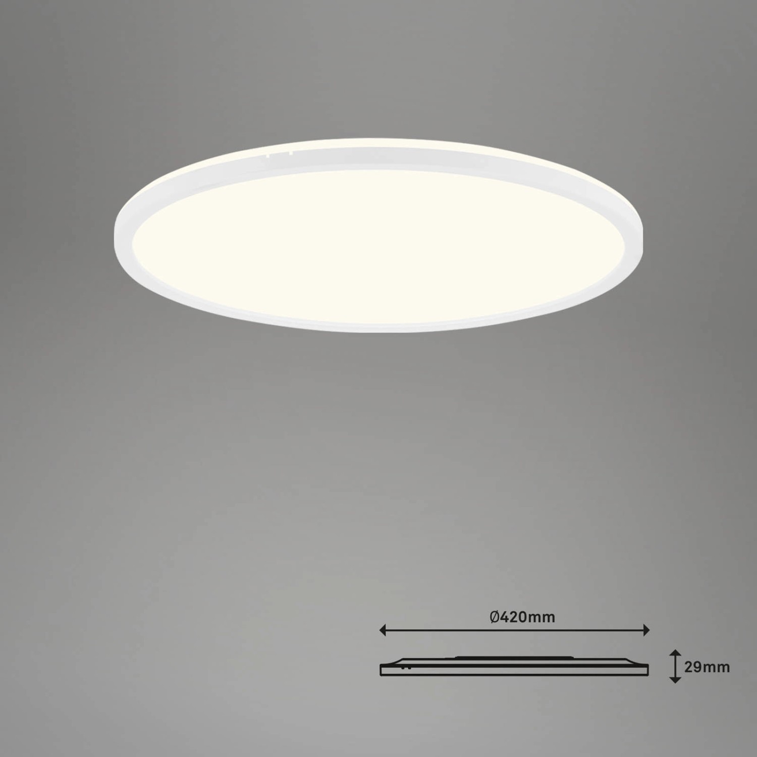Dimmbare, weiße LED-Deckenleuchte Slim S von Brilo, 22W, mit flachem Design und Maßangaben.