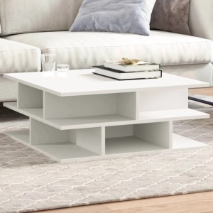 Weißer quadratischer Couchtisch aus Holzwerkstoff mit offenen Ablagefächern. Modernes Design für Ihr Wohnzimmer.