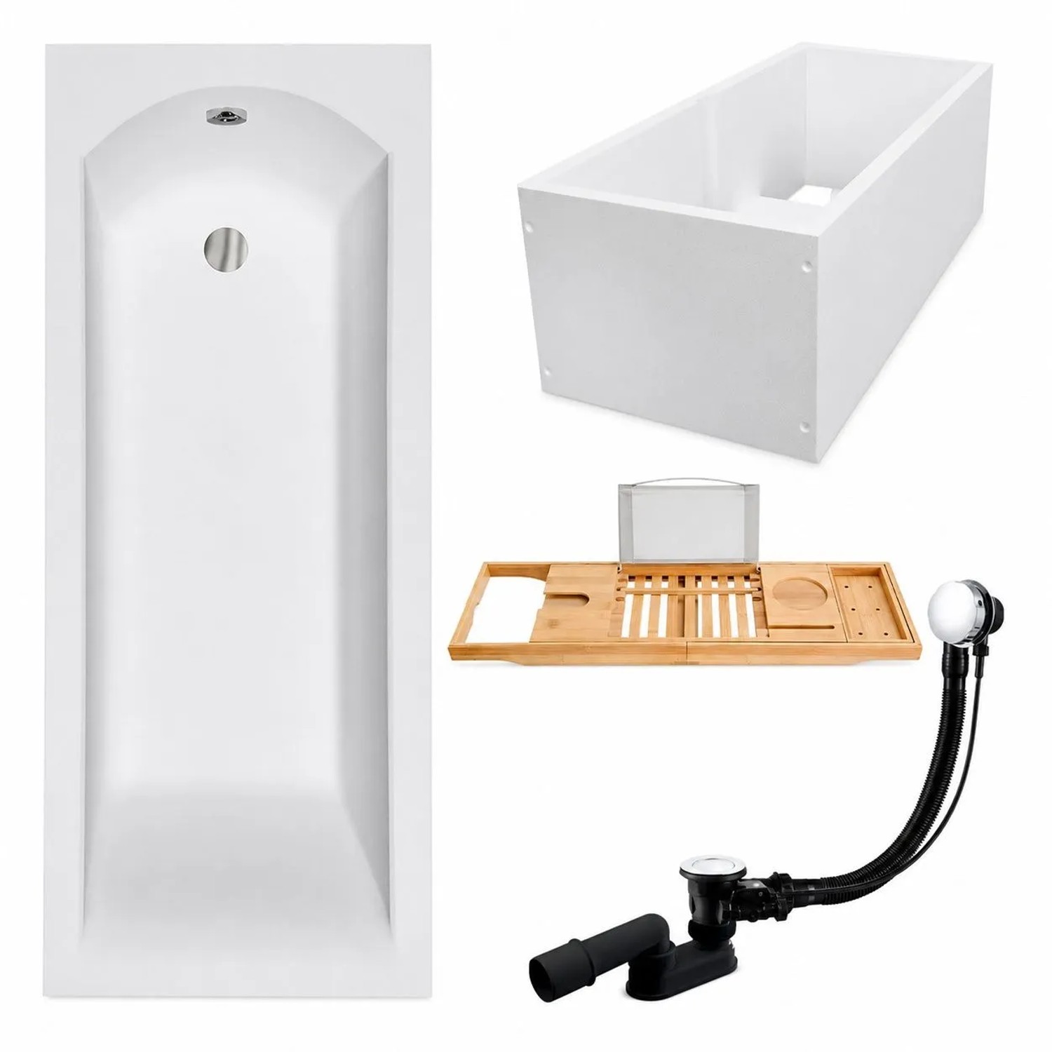 KOLMAN Badewanne Rechteck 170 x 70 Cm Mit Wannenträger Mit Bambus Badewannenablage Inkl. Ablauf Und Füße