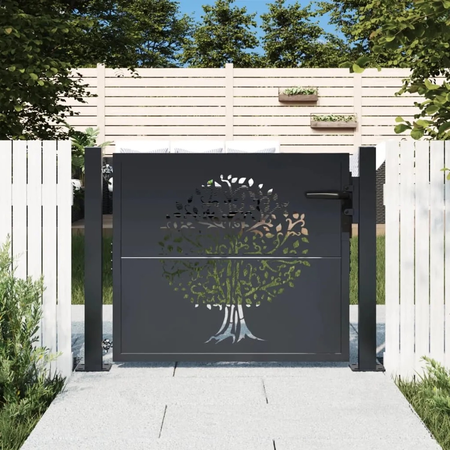 Anthrazitfarbenes Gartentor mit Baum-Design aus Stahl, 105x105 cm.