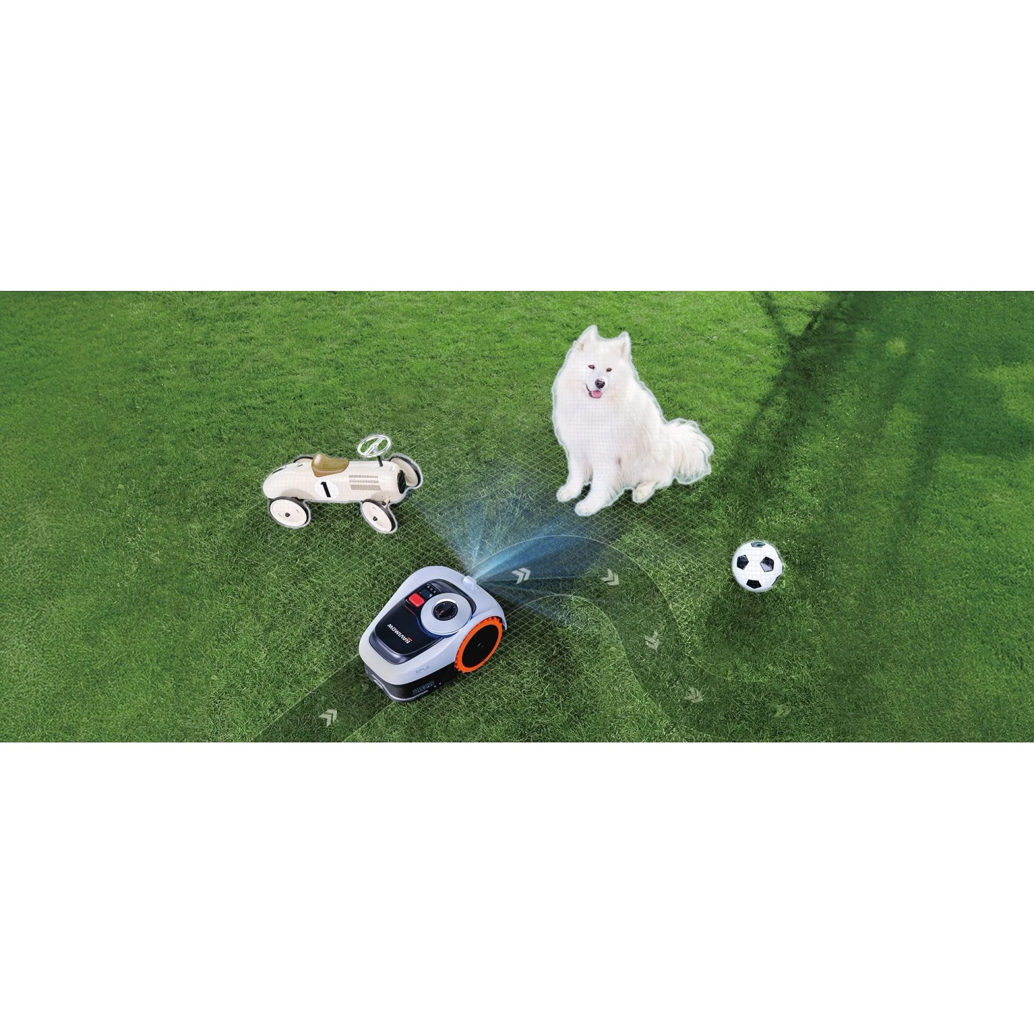 Segway Navimow i210E Mähroboter mit LiDAR-Navigation mäht Rasen, umfährt Hund, Spielzeugauto, Fußball.