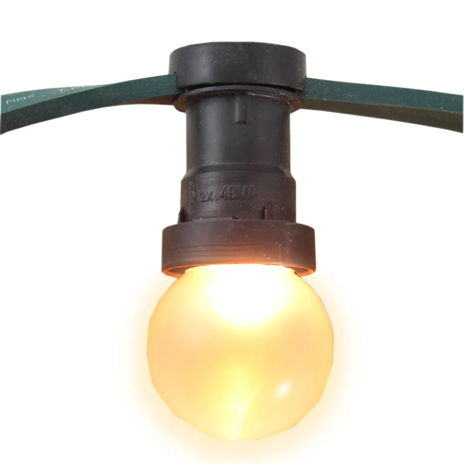 Detailaufnahme: Schwarze Satisfire Partylichterkette mit ultra-warmweißer LED Kugel für Terrasse und Garten.