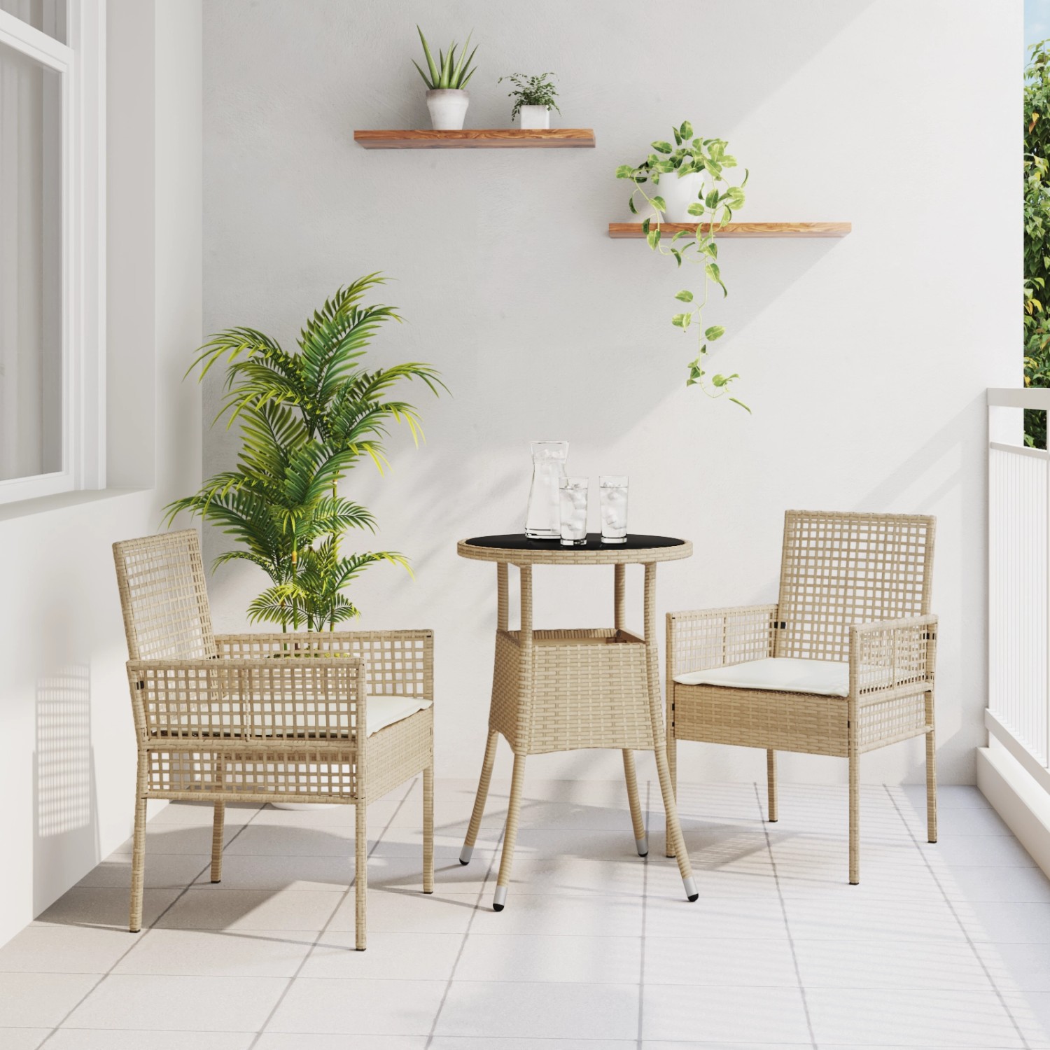 Beige 3-tlg. Garten Essgruppe aus Poly Rattan mit Tisch und zwei Stühlen.