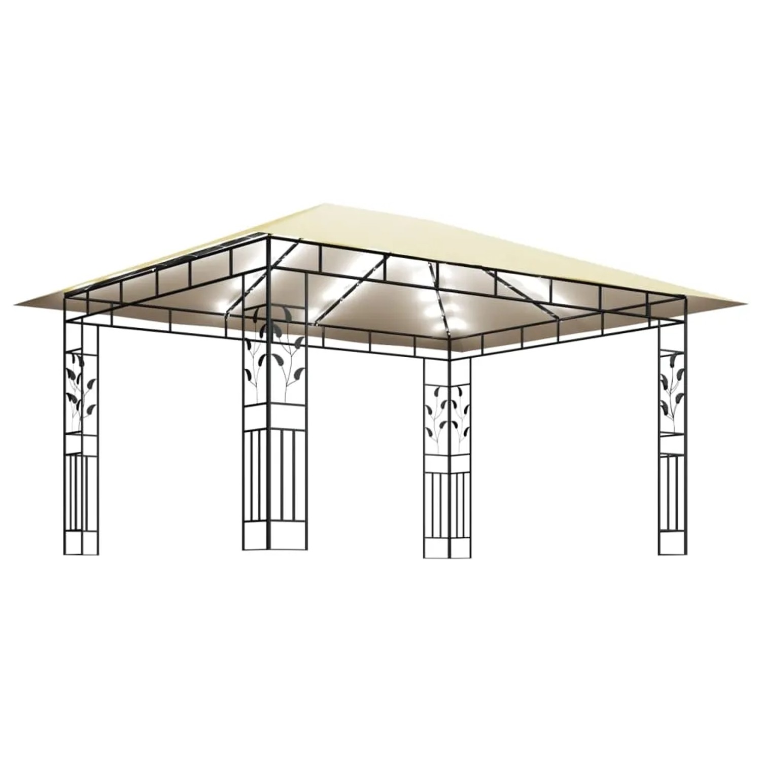Cremeweißer vidaXL Pavillon 4x3m mit Moskitonetz und LED-Lichterkette für Garten & Terrasse.
